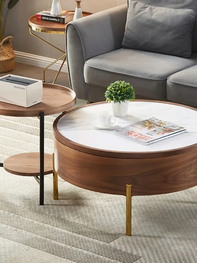 Marco Furniture White Moon Coffee Table Walnut Veneer Wood - Round Coffee Table for Living Room, Modern Lift Top N