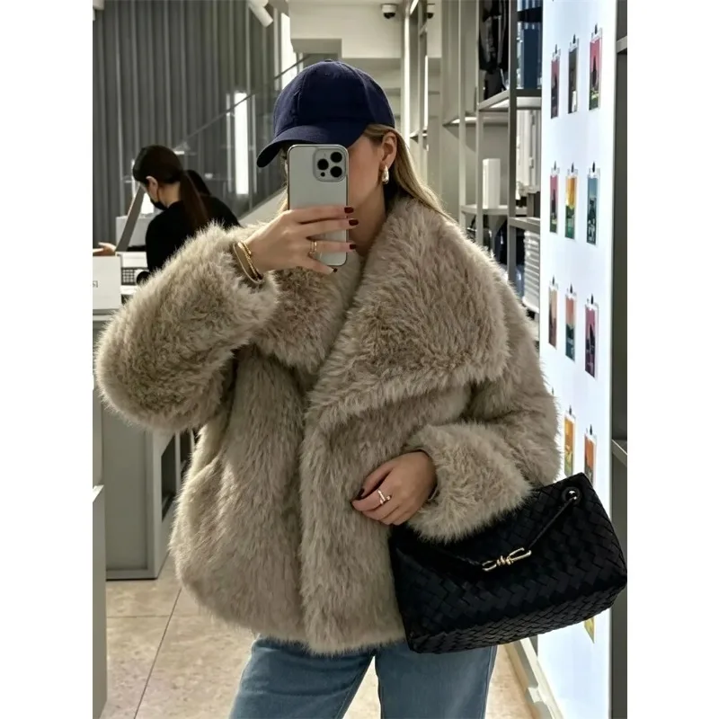 Guobioziy 2026 winter women's new classic solid color thick imitation fur lapel jacket warm short coat multi-color optional