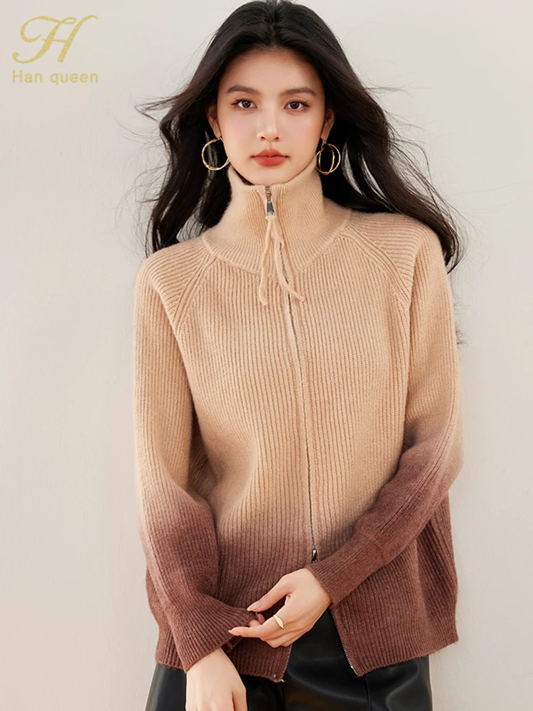 

H Han Queen New Fashion Cardigan Sweater Gradient Color Thickened Winter Warm Knitted Coats Women's Basic Long Sleeve Tops