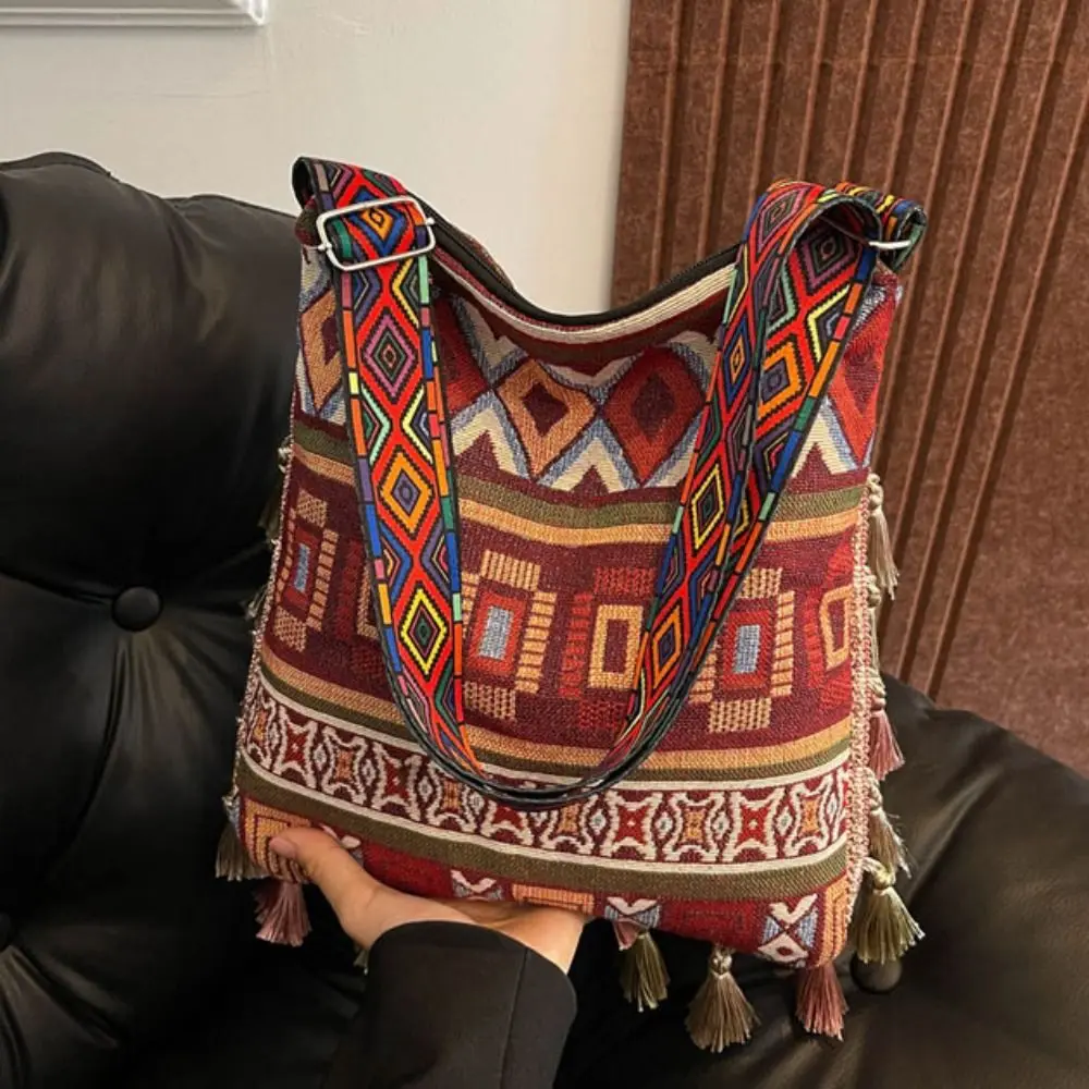 Универсальные сумки через плечо большой вместимости в этническом стиле, винтажная сумка через плечо с геометрическим рисунком и кисточками, тканая сумка-мессенджер для путешествий