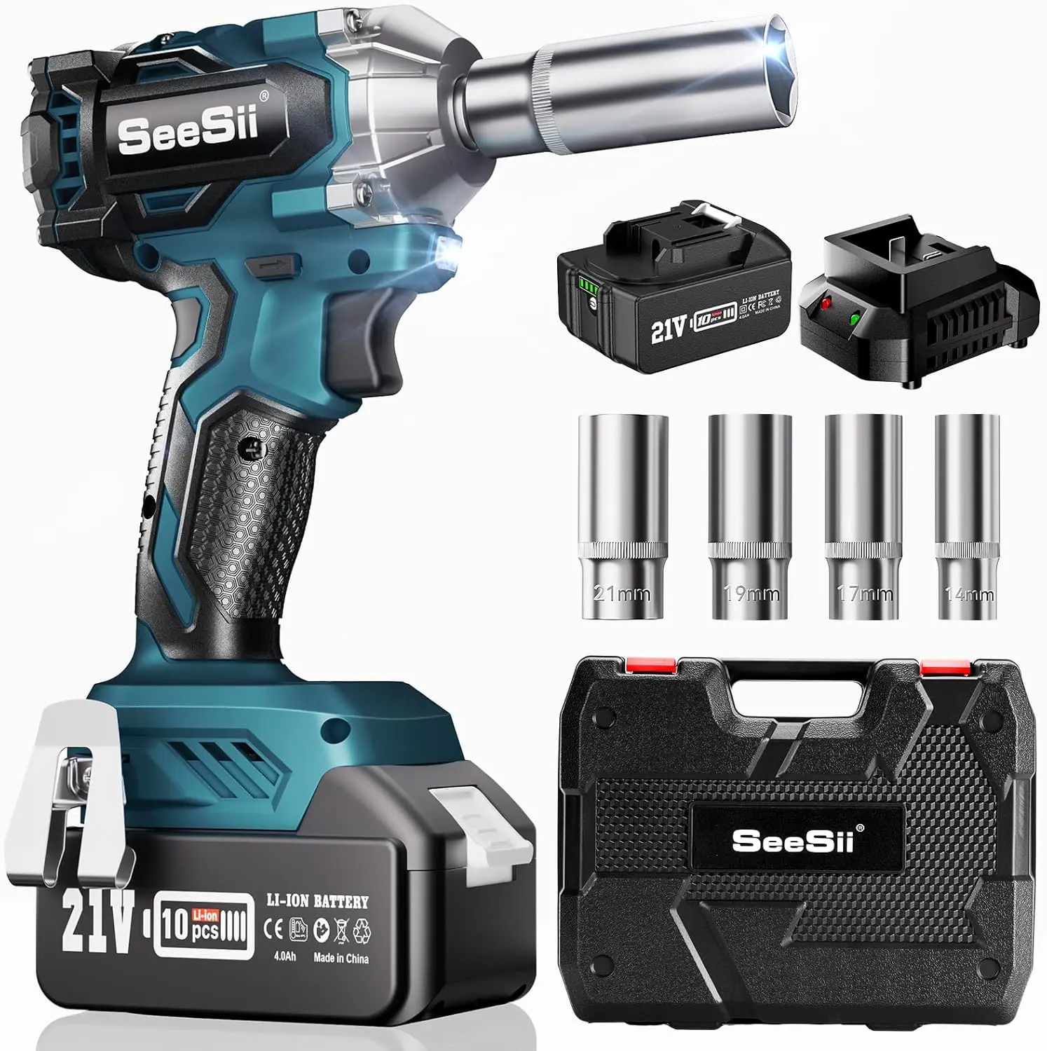 

Seesii Impact Wrench WH450 3/8" Cordless Power Impact Gun Max Torque 330Ft-lbs(450N.m) 4Ah Rechargable Battery 4 Sockets for Car