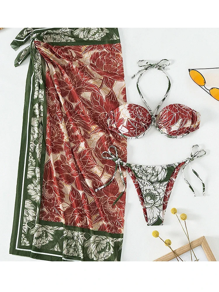 VigoBreviya-Conjunto de Bikini con falda de cintura alta para mujer, traje de baño Sexy con estampado de 3 piezas, traje de baño de realce con aros, traje de baño de verano 2025