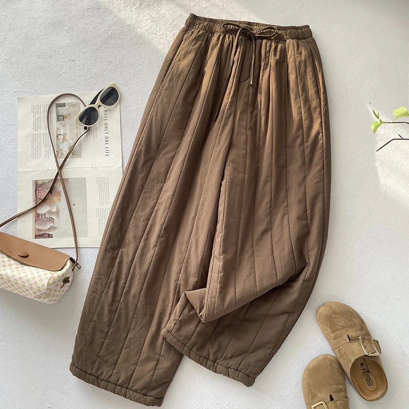 Thickened Cotton Polyester Harlan Pants Winter Warm Elastic Waist Retro Stitching Heavy Duty Quilting Fashionable Comfortable