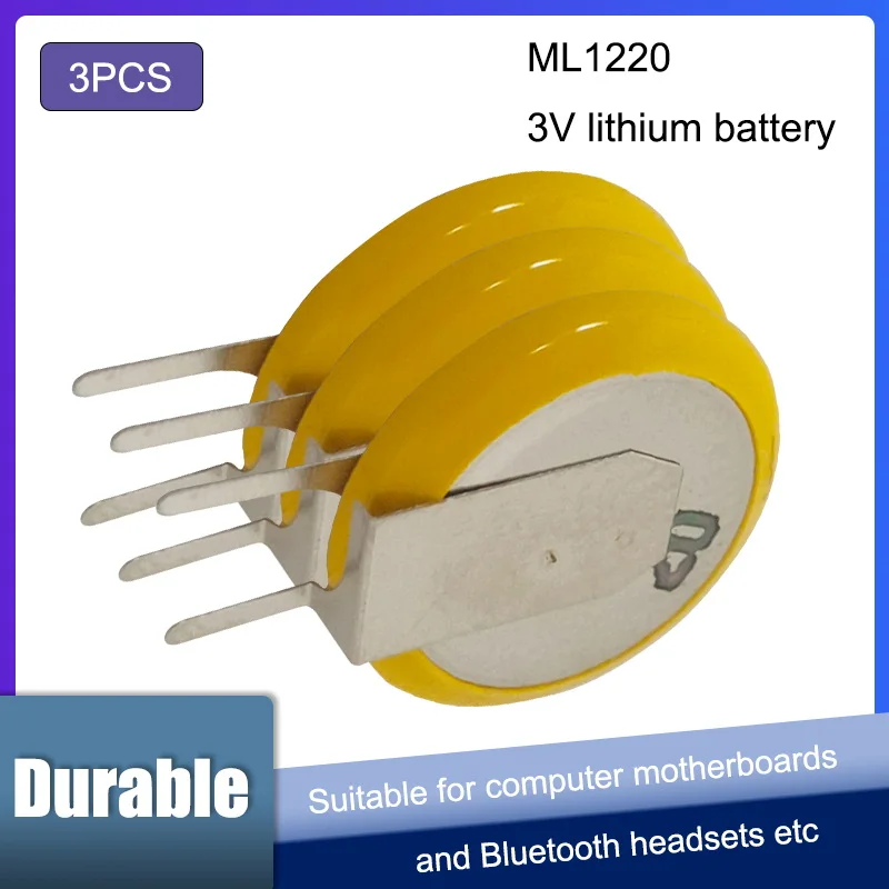 3ชิ้น ML1220 3V ml 1220แบบชาร์จได้ CMOS RTC BIOS สำรองแบตเตอรี่ก้อนเล็กเซลล์แบตเตอรี่เหรียญพร้อมขาบัดกรี