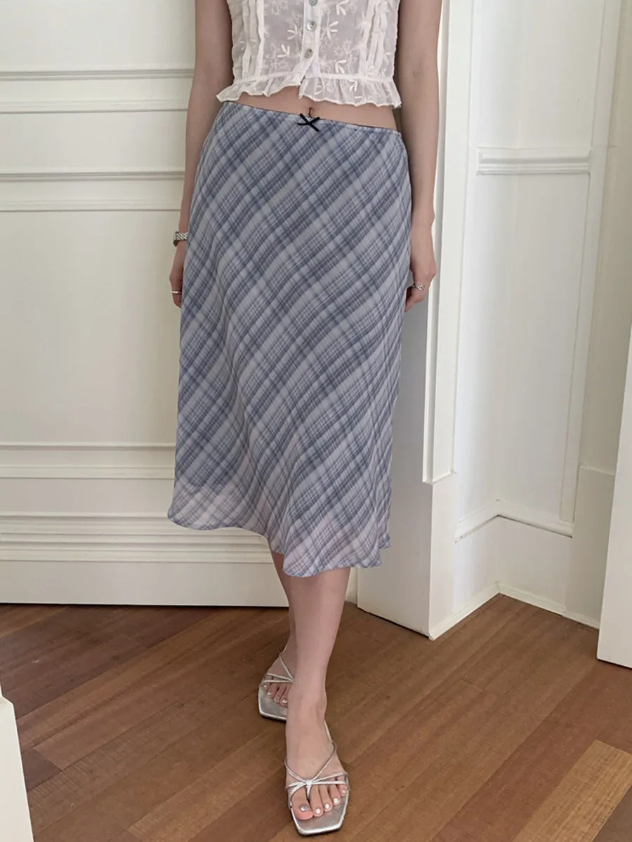 

Summer Irregular Plaid Midi Skirt Korean Fashion Mid Waist Chiffon Long Skirts Women 2024 New Elegant Chic Casual Faldas