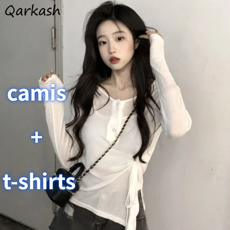 

2 Pcs Sets Women Shirring Sun-proof T-shirts Slim Camis Summer Y2k Fashion All-match Streetwear Sexy Girls Casual Basic Clothing