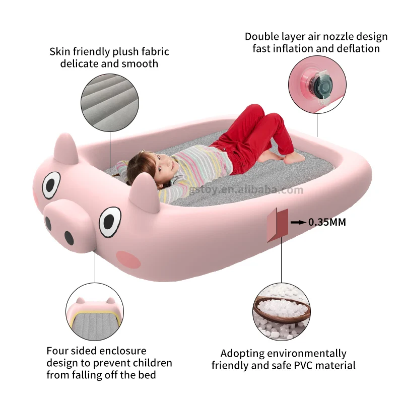 STLF Factory Customized Pig Cartoon Inflatable Bed Portable Flocked Toddlers Blow up Bed Travel Baby air Mattress for Kids
