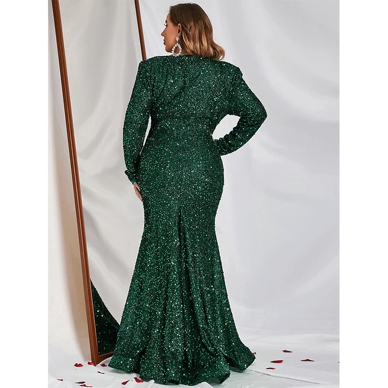 Plus Size Royal Blue V-Neck Long-Sleeved Fishtail 4xl 5xl Prom Dress Big Size Long-Sleeved Sequin Evening Dress For Women