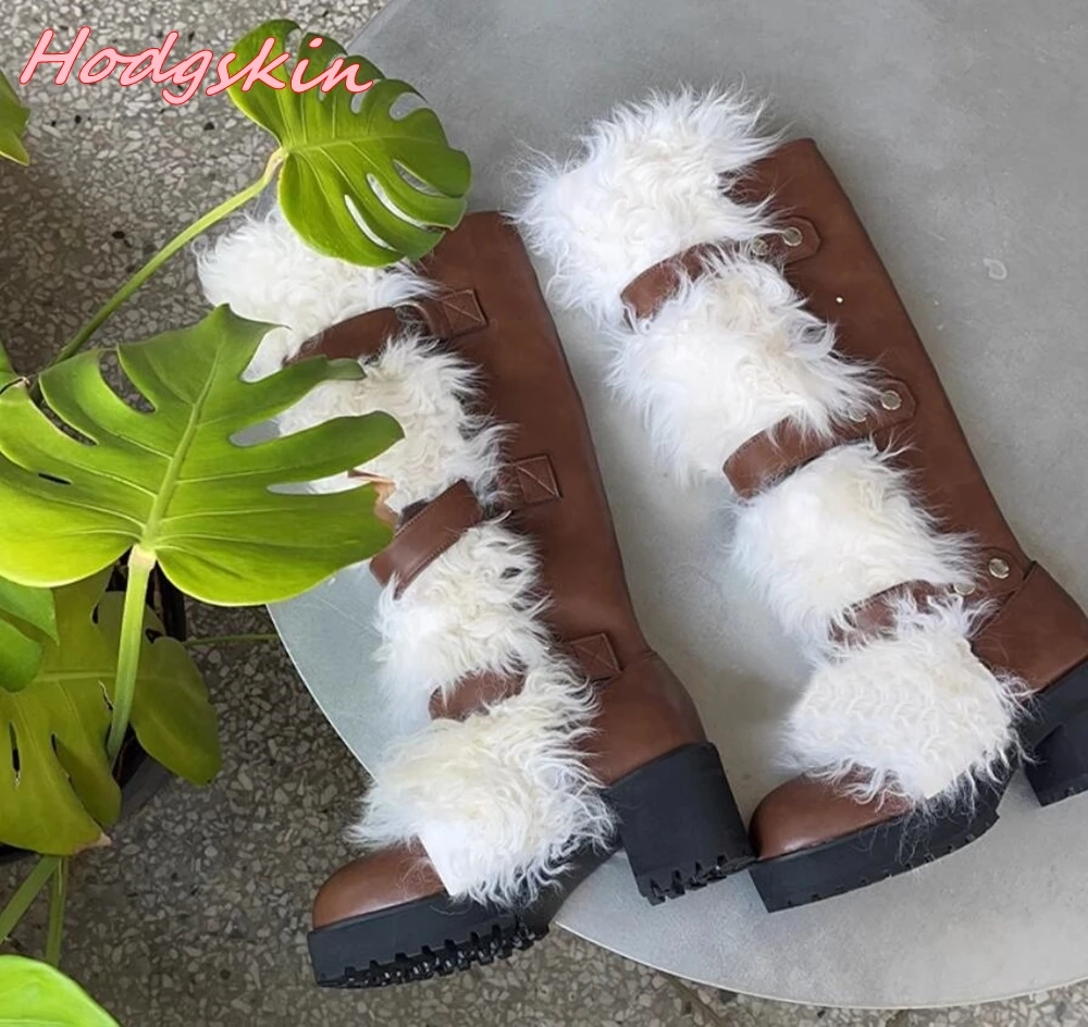 Leather One Word Belt Women Boots Round Toe Thick Sole Fur Winter Knee High Boots 2024 Winter Hot Sale Fashion Boots