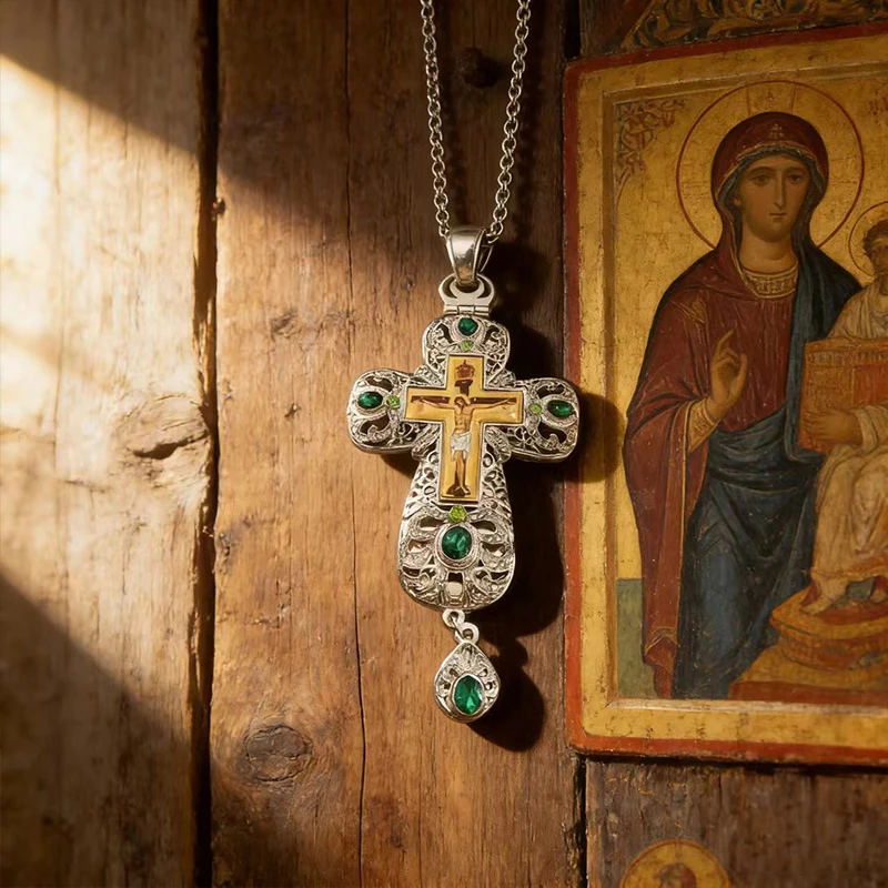 

New 2026 Premium Two-Tone Orthodox Cross Necklace with Green Crystal Details and Filigree Craftsmanship for Daily Spiritual Wear