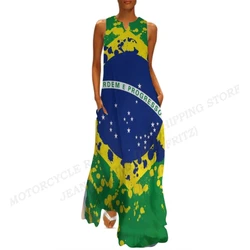 Flaga brazylii sukienka moda damska dekolt w serek długa sukienka wieczorowa, swobodna Brasil sukienki damskie elegancka Boho Maxi Vestido plażowy płaszcz kąpielowy