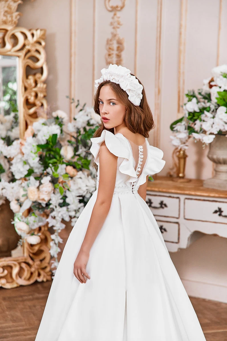 Perlen elegantes Blumen mädchen Kleid für Hochzeit Pailletten weiß Satin boden lange kurze Ärmel Erstkommunion Geburtstag Ballkleid