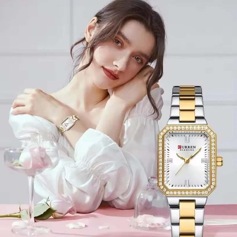 CURREN 9102 منتج جديد 2025 موضة كوارتز ساعة نسائية أزرق مضيئة الأيدي الفاخرة الماس الفولاذ المقاوم للصدأ حزام ساعة نسائية