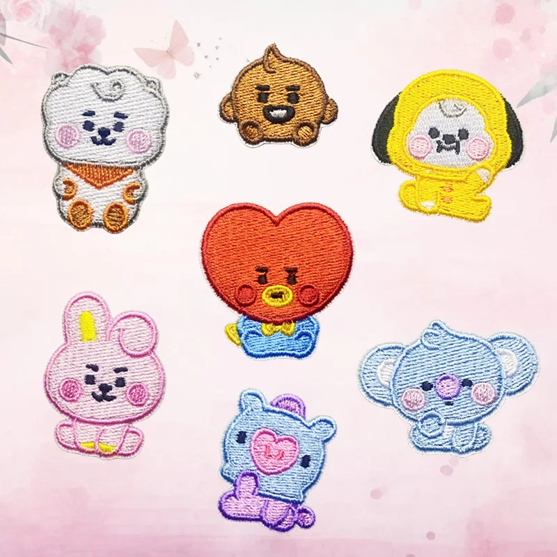 Lucu kawaii bordir Patch Applique setrika pakaian jahit Bt21 kartun Patch pada pakaian stiker DIY jaket Hadiah untuk anak perempuan