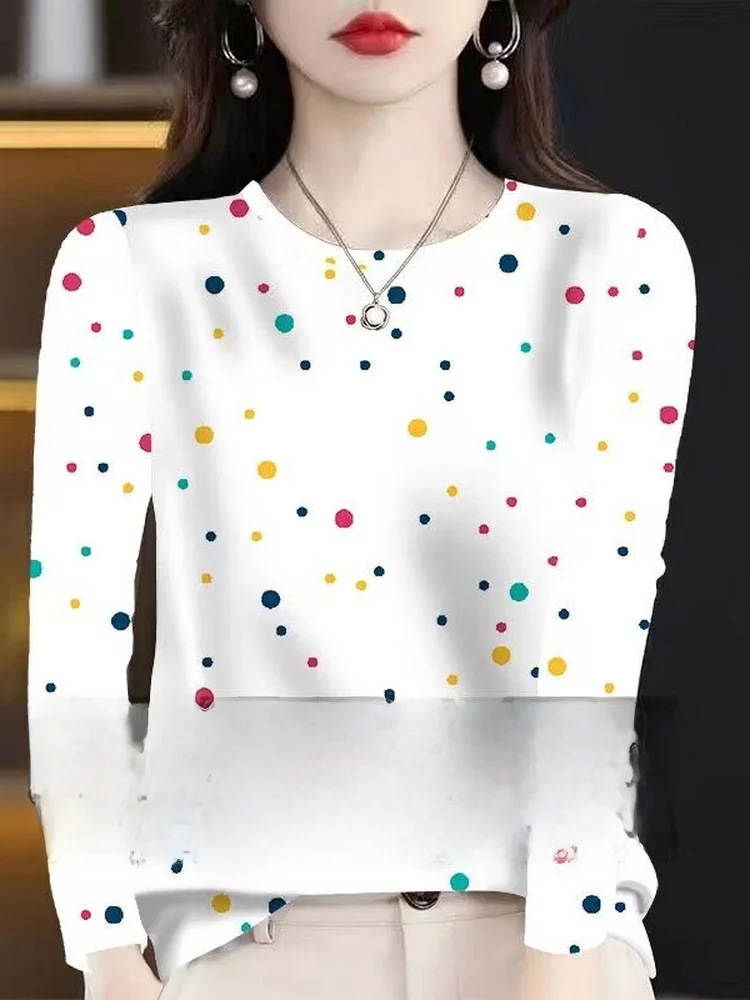Fashionable Printed Long Sleeve Women's T-shirt Summer 2026 Casual Style Belly Covering Top Quality Trendy round Neck Tee