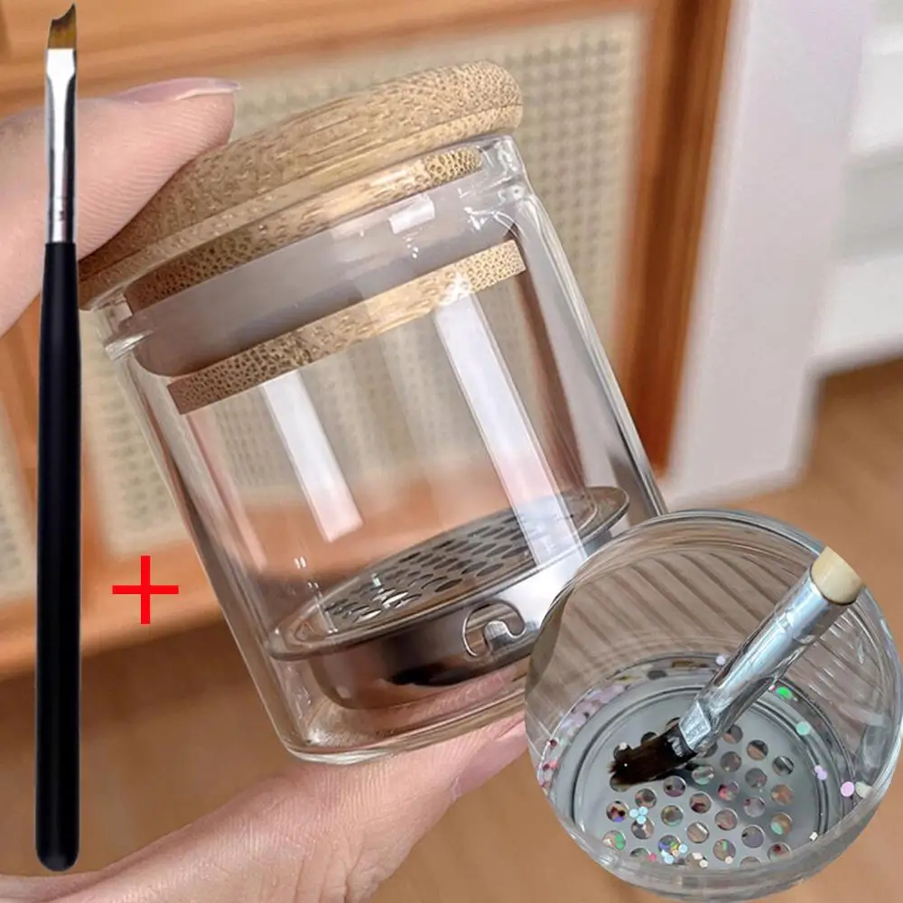 2 unids/set cepillo para decoración de uñas y taza de lavado filtro de malla de acero inoxidable botella de pluma de lavado fácil limpieza brillo polvo cepillo acrílico limpiador