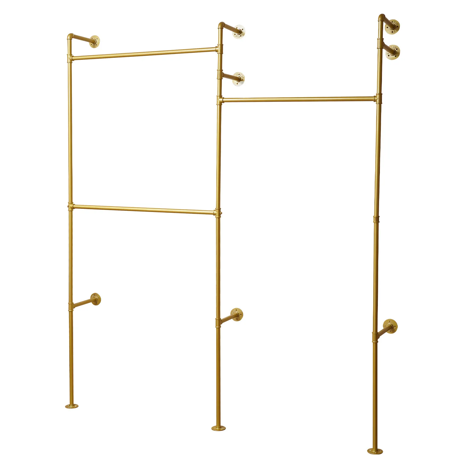 Estante colgante de vestido Industrial dorado, estante montado en la pared, soporte de exhibición de ropa, hierro