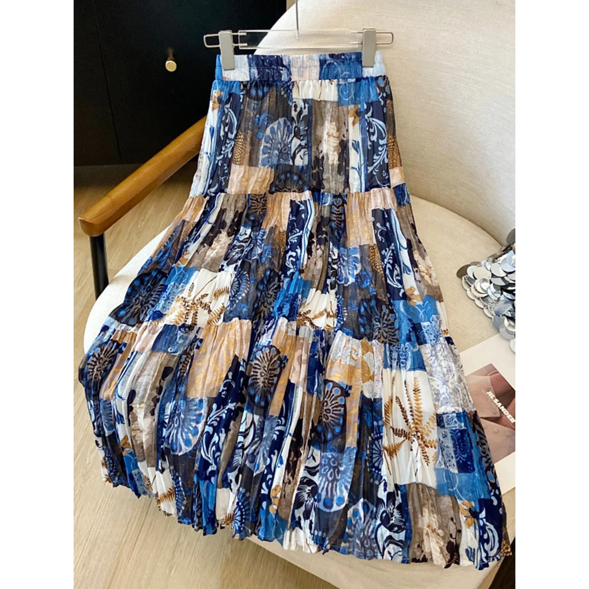 New Ethnic Blue Patchwork Print Tiered Pleated Midi Skirt High-waisted A-line Flowy Skirt For Women Summer Beach Vacation Outfit