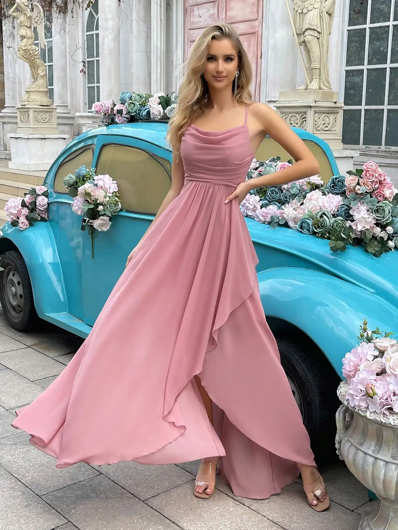 Chiffon Spaghetti Straps Elegant Bridesmaid Dresses Women Cowl Neck Wrap Around Asymmetrical Ruffle Hem Party Prom Dress Vestido