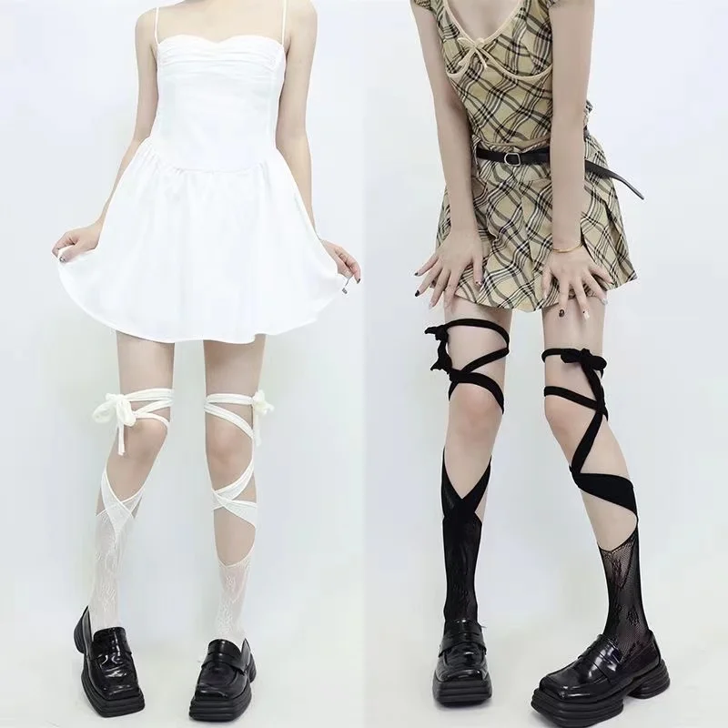 

Sexy Fishnet Stockings Lolita Calf Socks Split-toe Y2k Jk Straps Tie Lace Irregular Middle Tube Socks Summer Long Japanese Socks