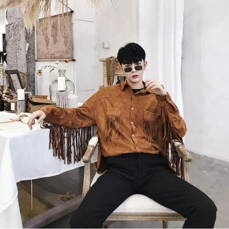 Spring Autumn Men Fringe Shirt Collar Jacket Long Sleeve Faux Suede Tassel Coat Moto Biker Tops Solid Fashion Partywear