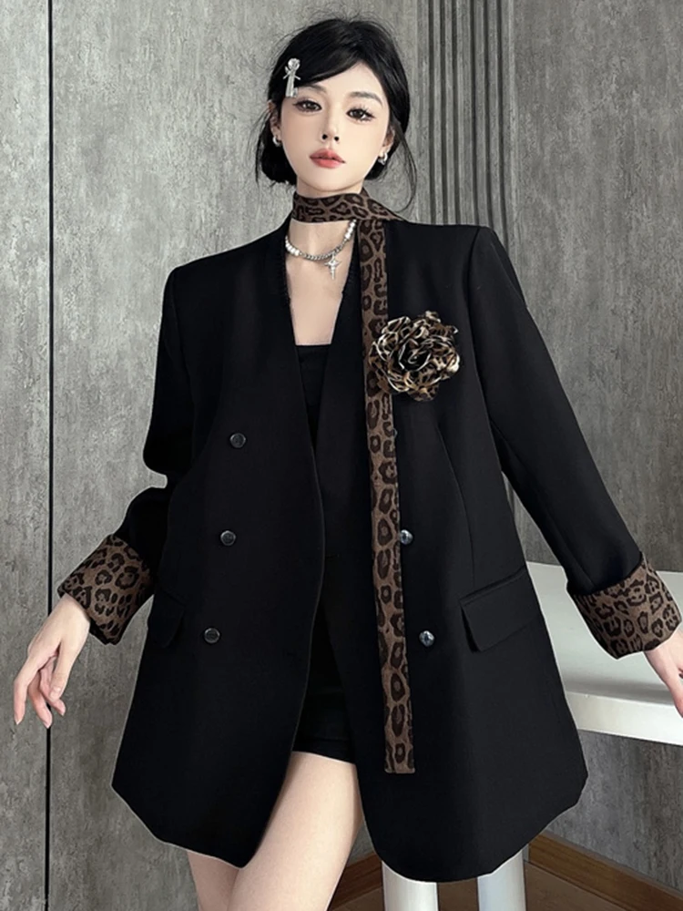 YERMORA Dames Zwart Luipaard Lint Bloem Casual Blazer V-hals Lange Mouw Losse Nieuwe Jas Mode Tij Lente Herfst 2025