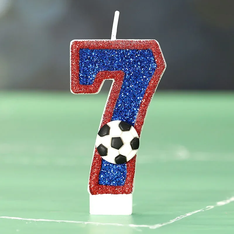 Shining birthday candles with football decorations, red and blue digital cake tops, football themed party cake decorations