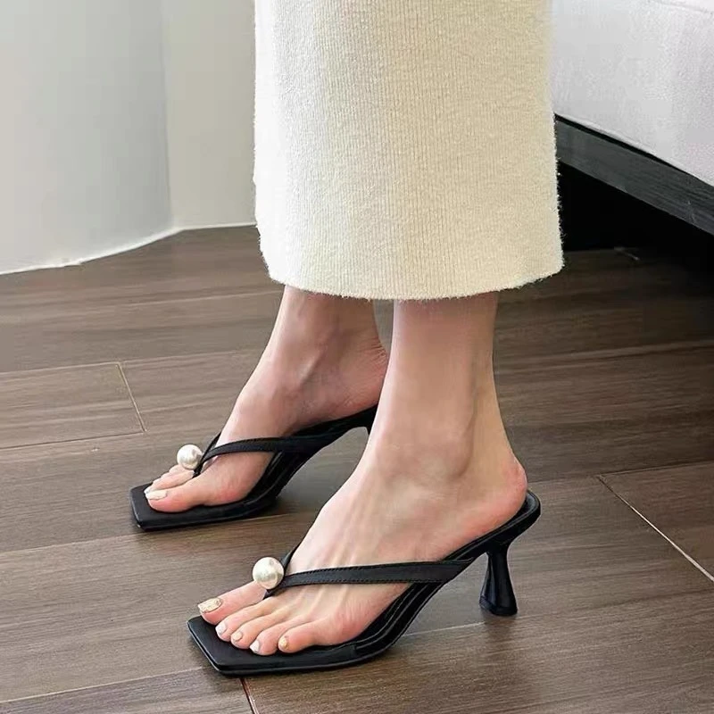 2026 New Fashionable Square Toe Flip-Flops Summer Pearl-Embellished Stiletto Sandals for Women Elegant Slip-On Party High Heels