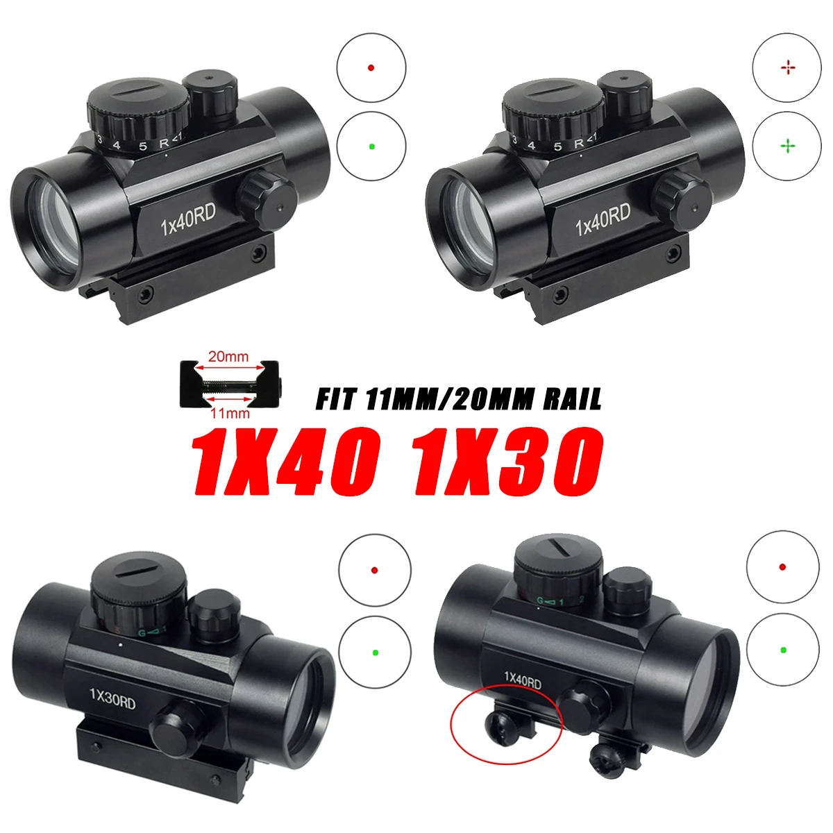 1X30 1x40 التكتيكية نطاق البصر الأحمر الأخضر نقطة/الصليب بندقية الادسنس المجسم كوليماتور نقطة 11 مللي متر/20 مللي متر السكك الحديدية جبل Pictinny السكك الحديدية