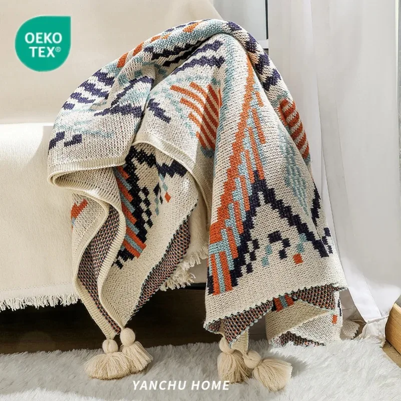 

Bohemian Knit Throw Blanket with Fringe-Lightweight Woven Sofa Cover for Bed Couch, Nap - Ethnic Wave Pattern Decorative Blanket