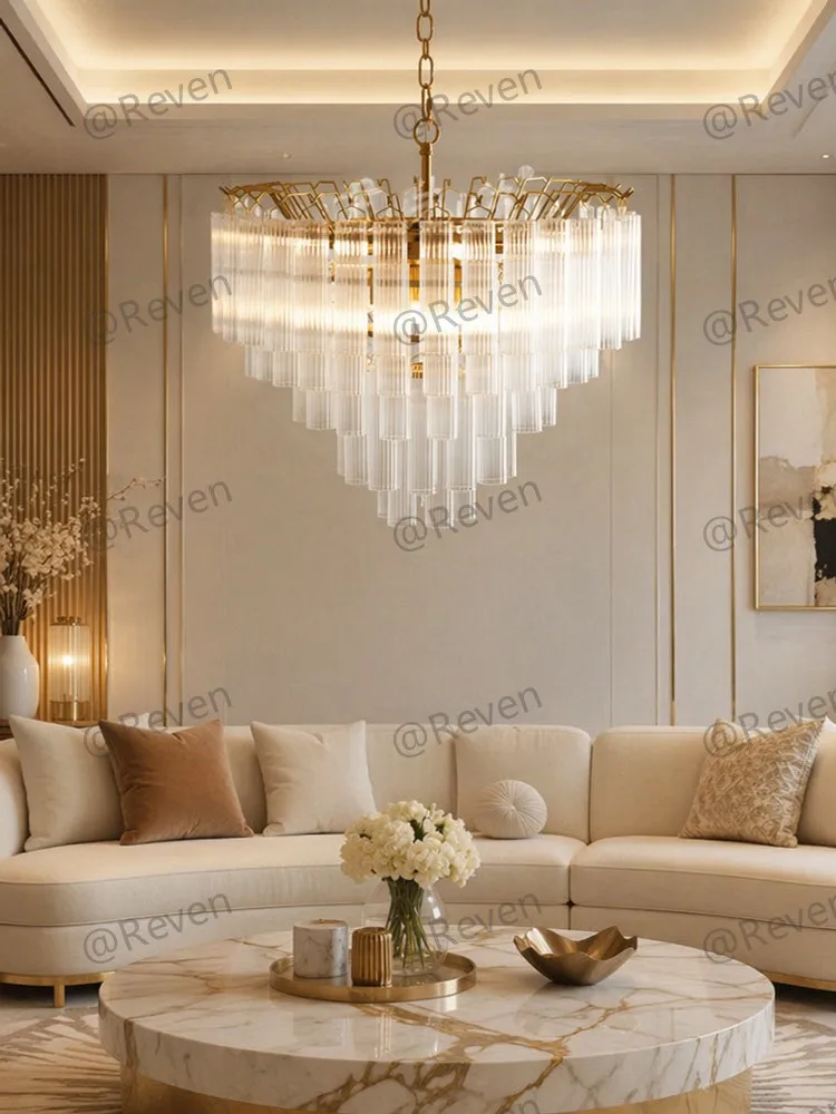 Modern Luxury Fluted Glass Chandelier Brass Tiered Pendant Light for Dining Room Living Room Foyer Villa
