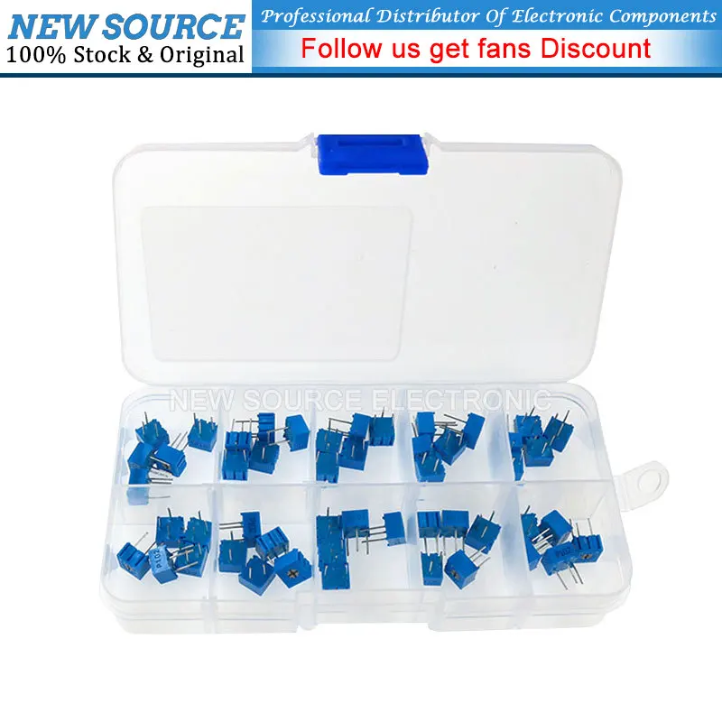 3362P 50PCS=10values*5PCS Multiturn Trimming Potentiometers Kit 1K-1M 1K 2K 5K 10K 20K 50K 100K 200K 1M