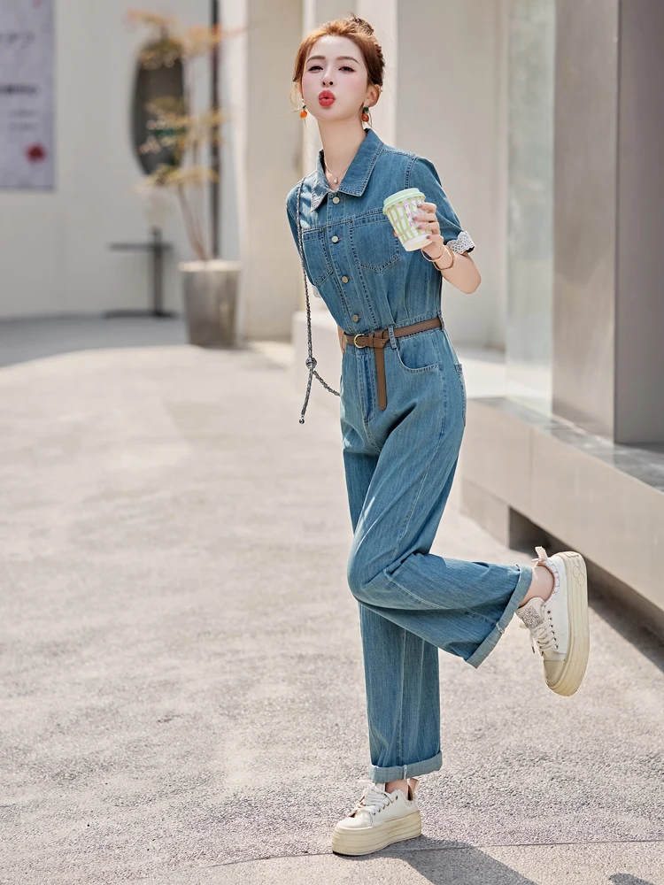 Faionable National Sle pantalones de una pieza para mujer verano 2025 nueva perla Denim seco mono con cuello de pierna ancha