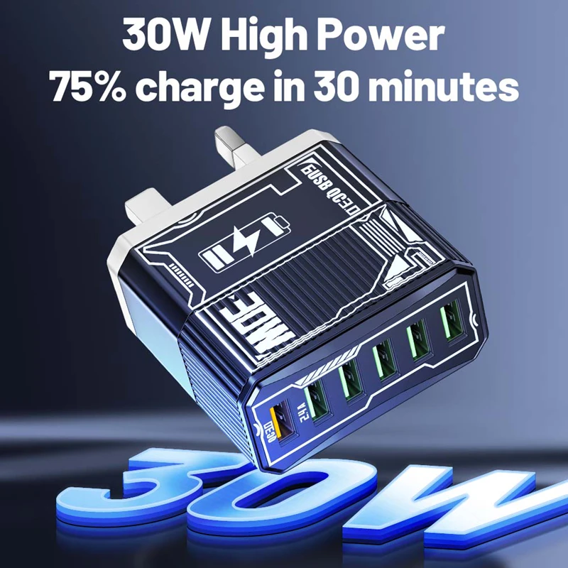 

30W 6 in 1 QC3.0 Ultra Fast Charger for Xiaomi iPhone Huawei with EU/US Multi-Port USB Charging Head Compact Travel Wall Charger