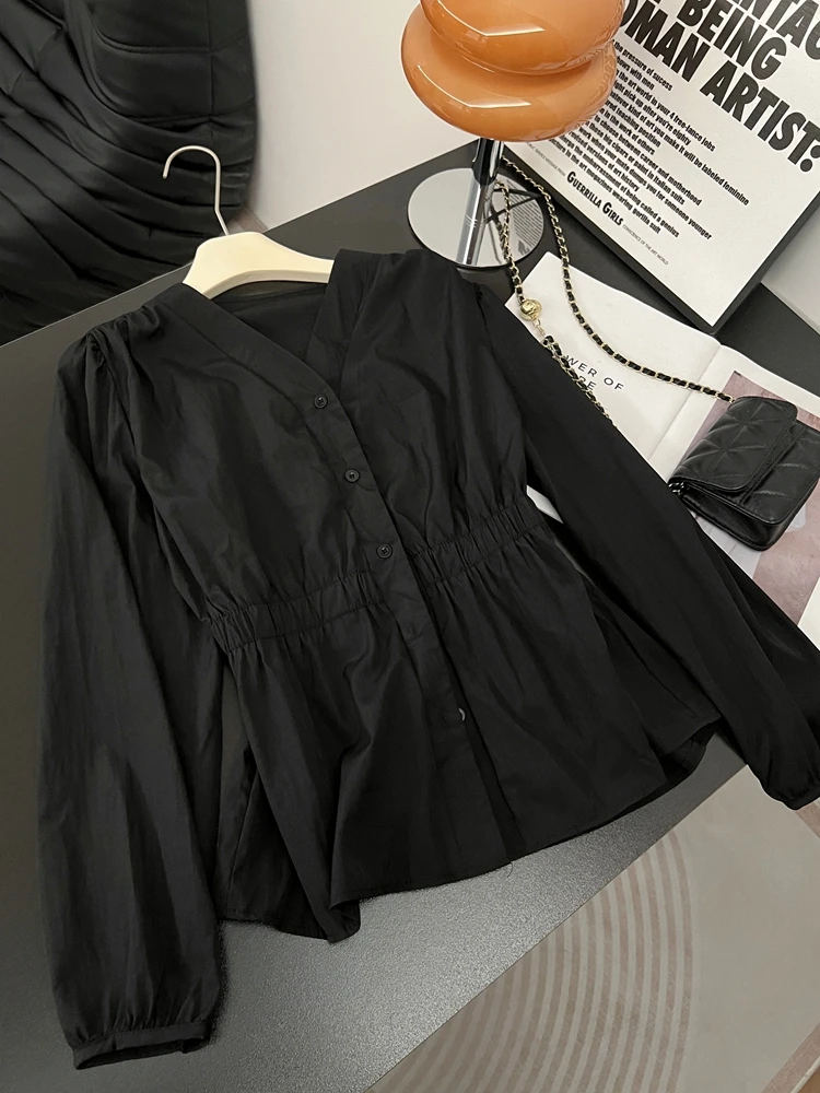 

Женская блузка с V-образным вырезом и длинным рукавом, больших размеров, весна 2026, новая модель, утягивающая талию, скрывающая живот, в корейском стиле