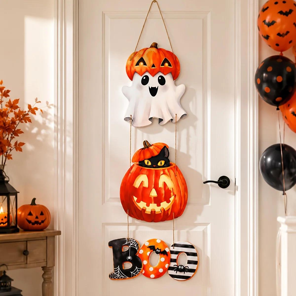 Halloween Boo Pumpkin Ghost Black Cat Wooden Hanging Sign, Front Door Wall Hanging Ornament for Holiday Home Porch Decor