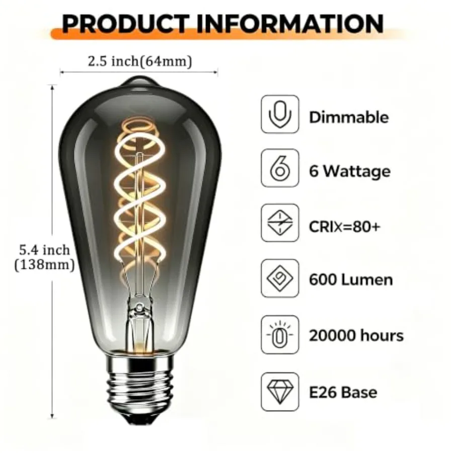 4 Pack ST64 LED Edison Bulbs 6W 60W Equivalent,E26 2700K Warm White Dimmable Light Bulbs Glass LED Filament Vintage Decorative