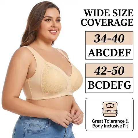 34 36 38 40 42 44 46 48 50 Band A B C D E F G Cup Plus Size Lace Front Closure No Underwire Cami Bra Daily Wear