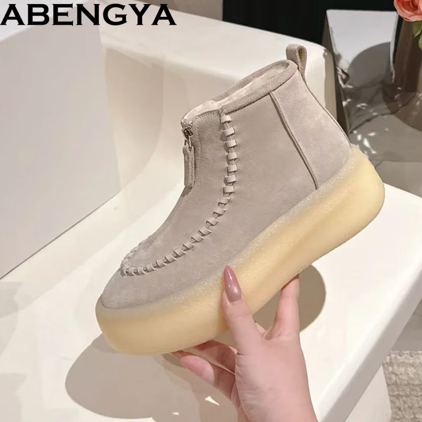 

Thick Bottom Platform Snow Boots Women Flat Casual Shoes Front Zipper Suede Leather Ankle Boots For Women Botas Mujer