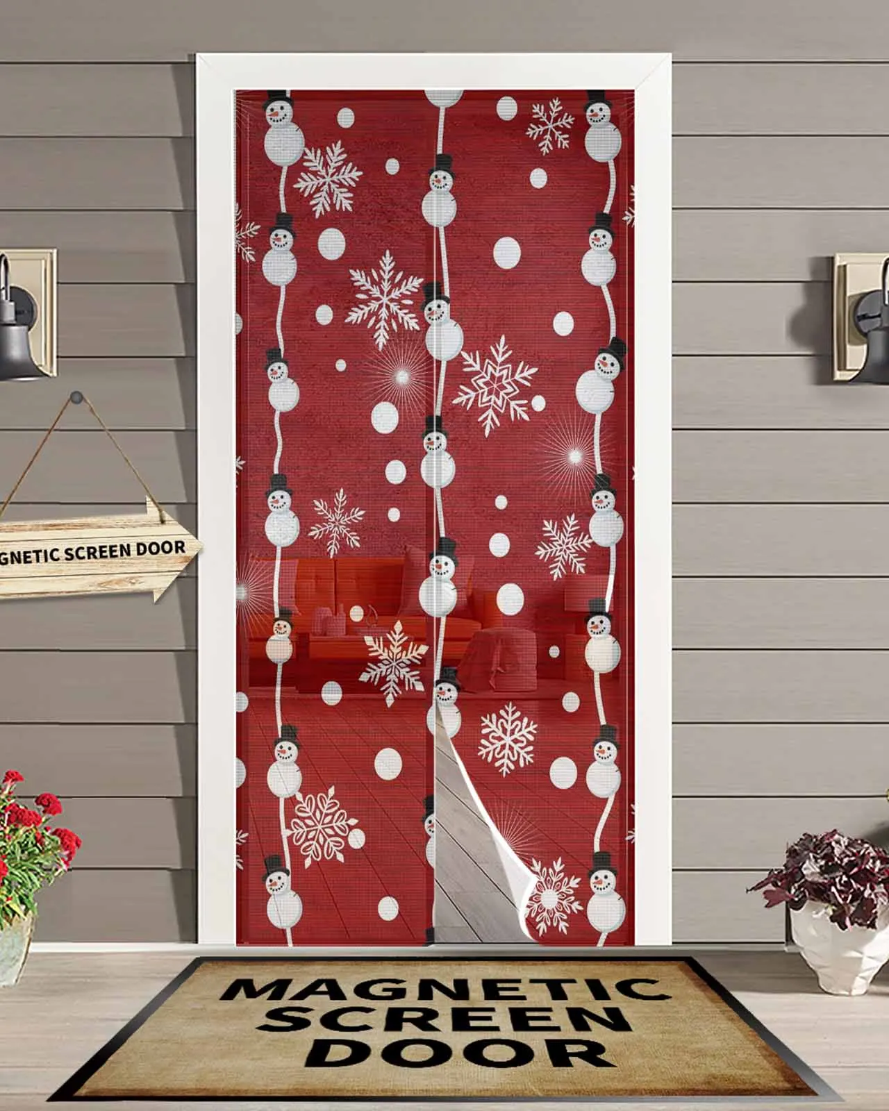 

Red Christmas Snowman Line Magnetic Door Curtain Living Room Bedroom Home Anti-mosquito Screen Door Curtain