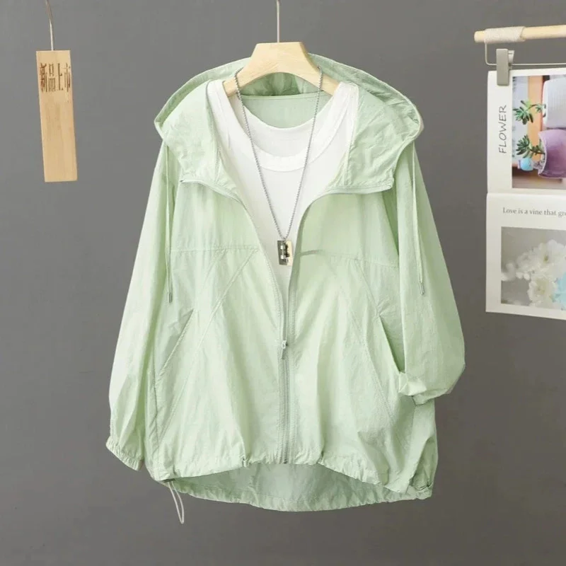 Women Hooded Sun Protection Jacket, Summer Outdoor Lightweight Breathable Loose, Zip Up Cardigan Anti UV, Thin Coat Top