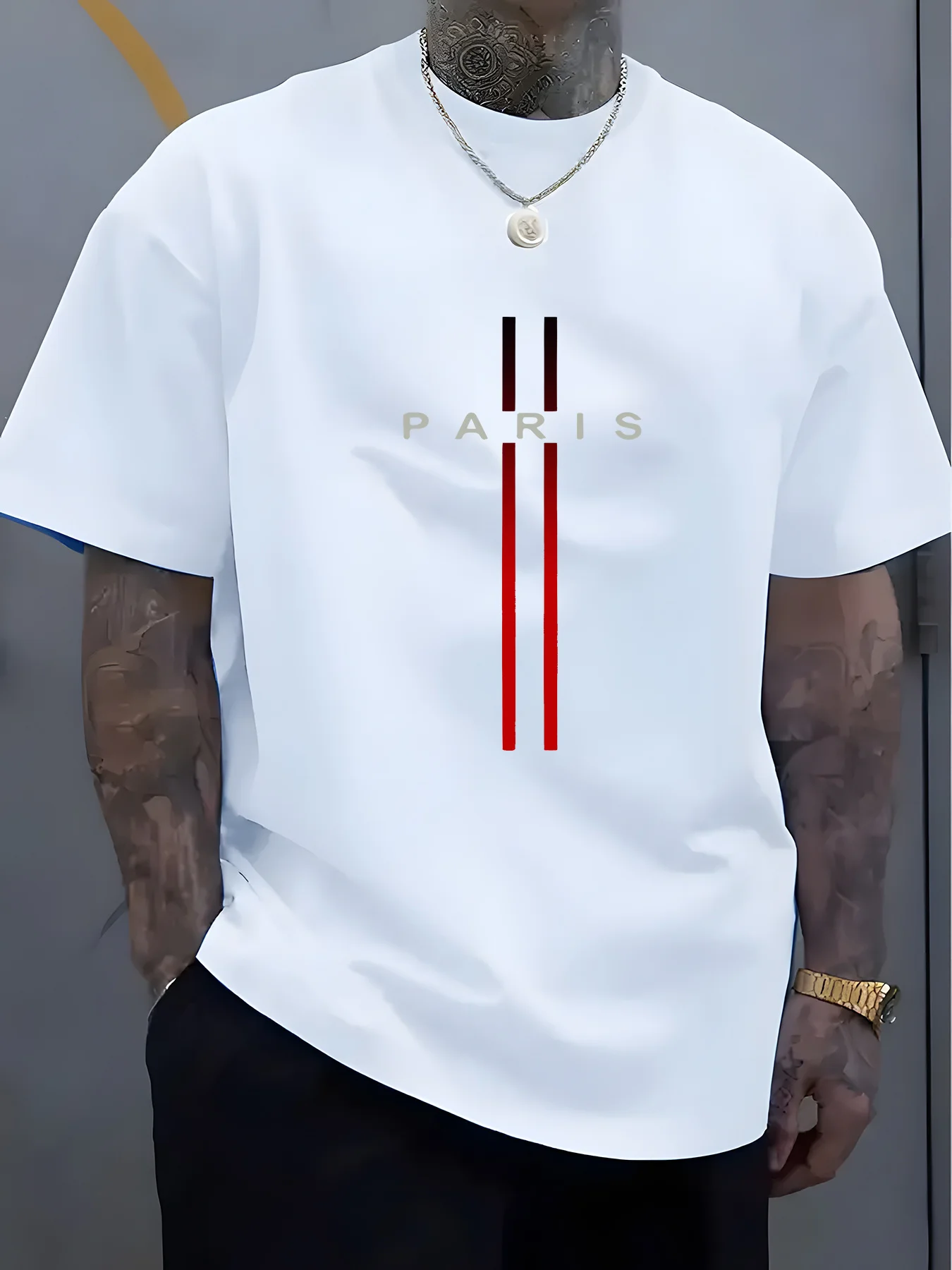 

Summer men's 1casual loose T-shirt fit plus size PARIS letter pattern printed round neck short sleeved T-shirt tops