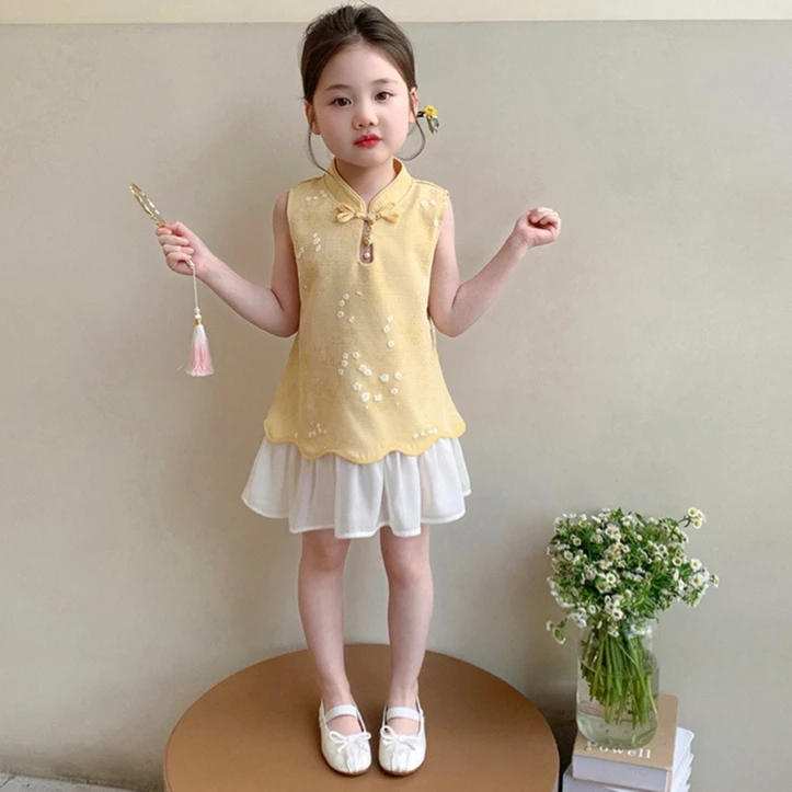 Girls' Dress 2026 Spring and Summer New Children's Clothes Girls' Baby New Chinese Style Plate Buckle Fake Two Mesh Dress