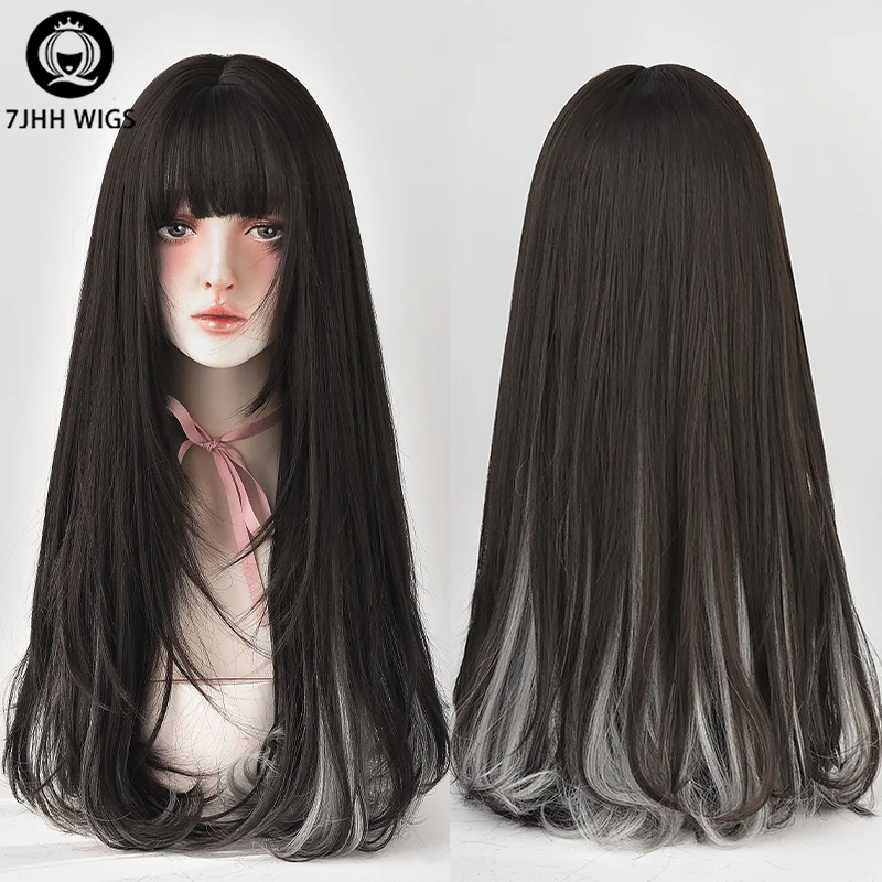 7jhhwigs długie proste czarne peruka z grzywką z popiołu Ombre dla kobiet codzienna moda syntetyczne luźne kolorowe włosy peruki bordowe peruka
