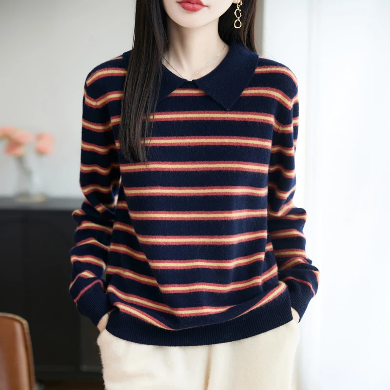 

Свитер, топы для женщин, зимний пуловер, шерстяной осенний вязаный свитер, топ в полоску, мягкий свободный повседневный модный трикотаж, одежда