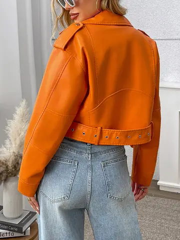Fitaylor Vår Höst Kvinnor PU Läderjacka Lady Lapel Motorcykel Läder Ytterkläder Casual Orange Kappa 10 best sales orange jacka för kvinnor - №1