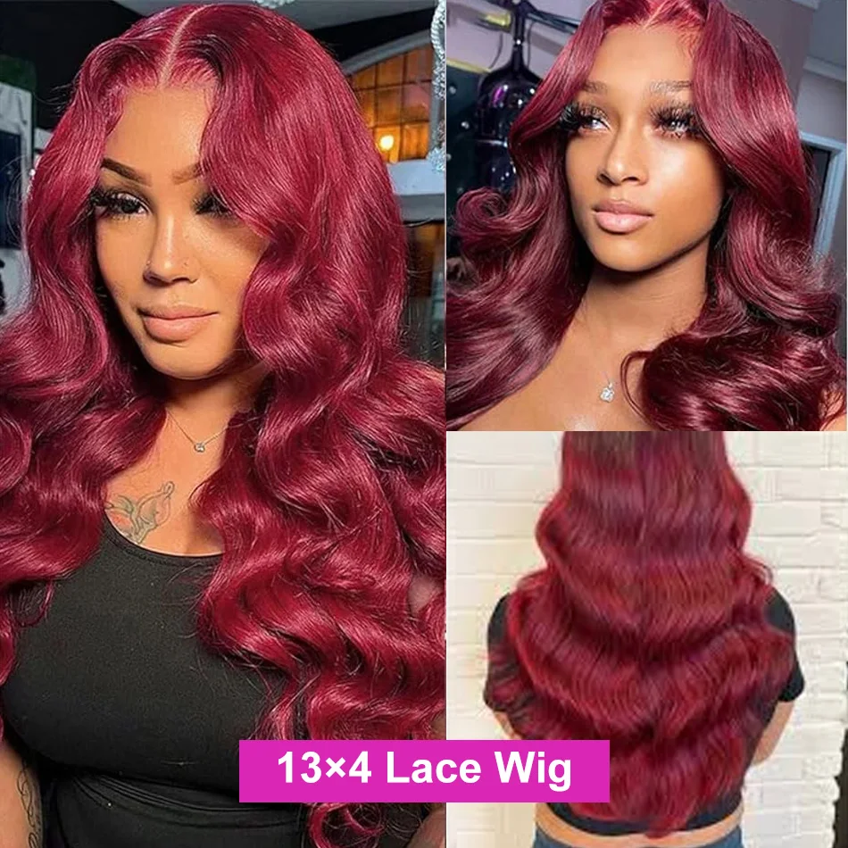 Peruca de cabelo humano dianteira do laço de Borgonha para mulheres, vermelho colorido, onda do corpo, 13x4, 13x6, HD, 4x4 Closure Wigs, 30 ", 34", 99J