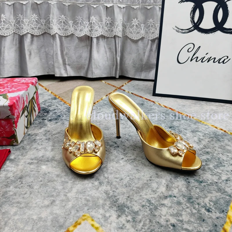 

Light Luxury Style Sparkling Rhinestone Hardware Buckle Exquisite Decor Slipper Concise Peep Toe Stiletto Commute Date Versatile