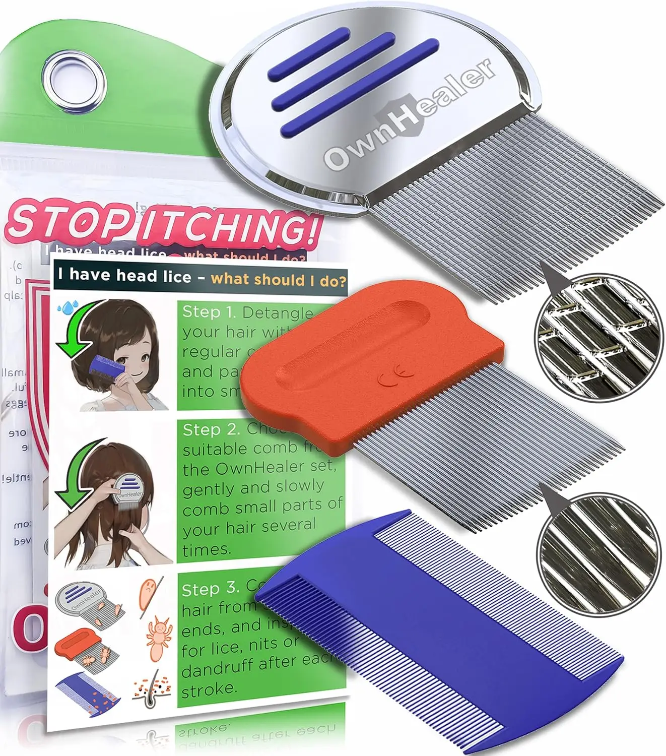 

Professional Lice Comb Kit - Quick Removal for Lice, Nits & Dandruff, All Hair Types