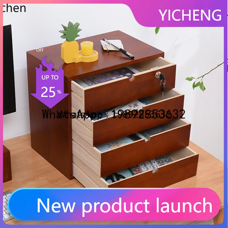 Desktop Storage Box Drawer-Type Wooden Organizer Multi-Layer Document Home Use Lockable Storage Box